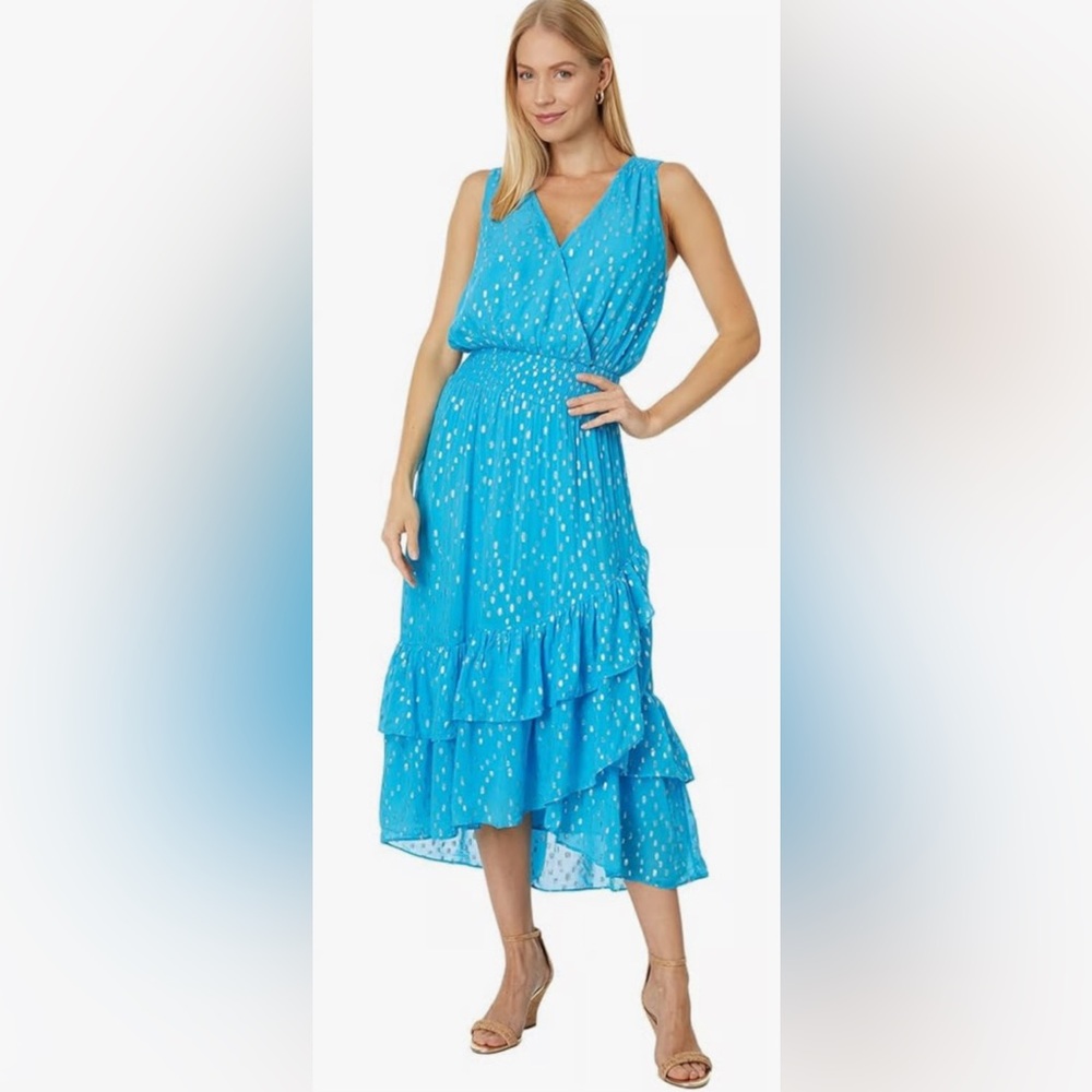 Lilly Pulitzer Valeri Midi V-Neck Smocked Waist Ruffle Wrap Dress Sz 14